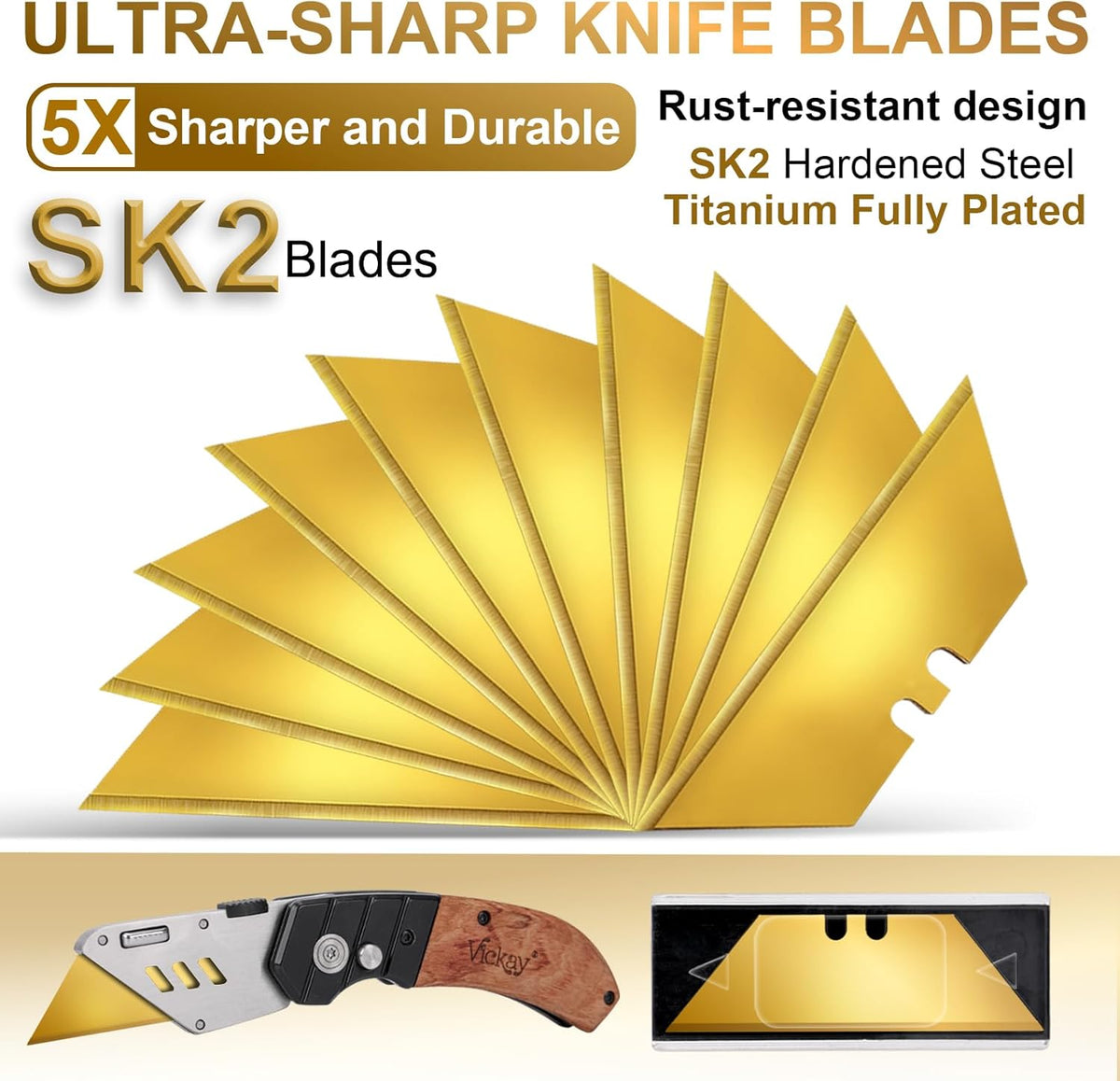 60 Pack Utility Knife Blades, Box Cutter Blades, SK2 Razor Blades with Titanium Fully Coating, Refilled Blades for Box Cutter Utility Knife, Replacement Blades with plastic dispenser box (Gold)