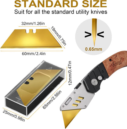 60 Pack Utility Knife Blades, Box Cutter Blades, SK2 Razor Blades with Titanium Fully Coating, Refilled Blades for Box Cutter Utility Knife, Replacement Blades with plastic dispenser box (Gold)