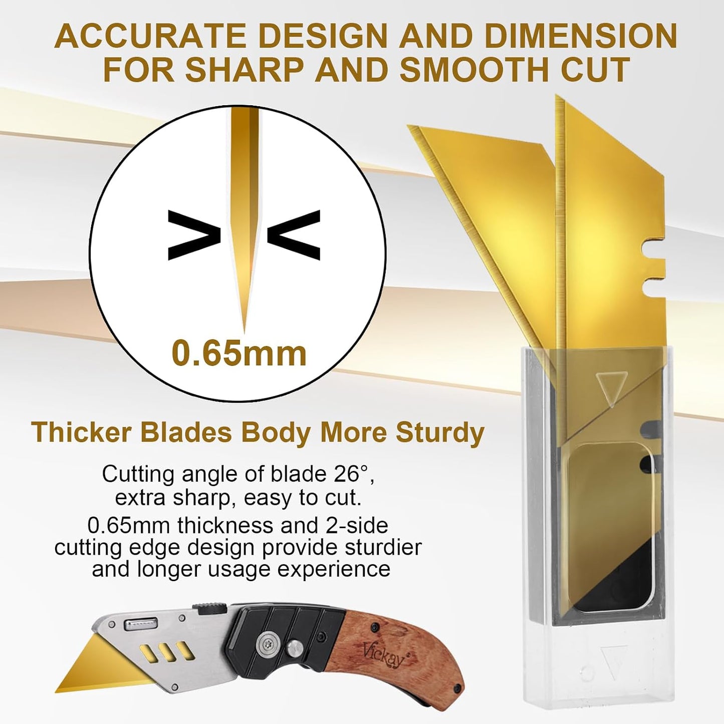 60 Pack Utility Knife Blades, Box Cutter Blades, SK2 Razor Blades with Titanium Fully Coating, Refilled Blades for Box Cutter Utility Knife, Replacement Blades with plastic dispenser box (Gold)