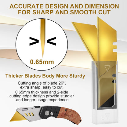 60 Pack Utility Knife Blades, Box Cutter Blades, SK2 Razor Blades with Titanium Fully Coating, Refilled Blades for Box Cutter Utility Knife, Replacement Blades with plastic dispenser box (Gold)