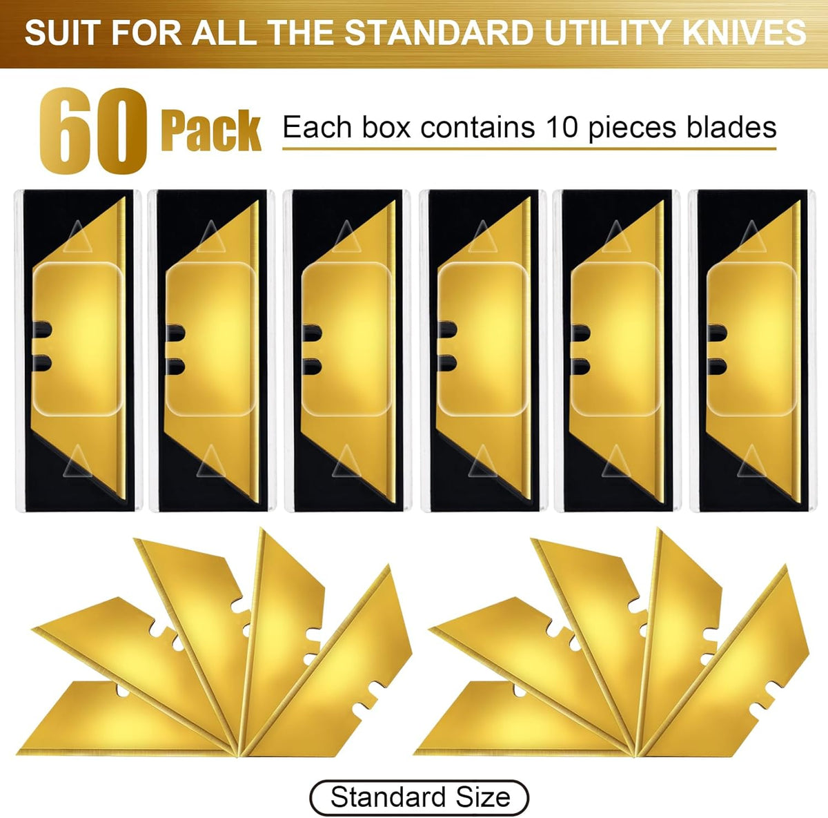 60 Pack Utility Knife Blades, Box Cutter Blades, SK2 Razor Blades with Titanium Fully Coating, Refilled Blades for Box Cutter Utility Knife, Replacement Blades with plastic dispenser box (Gold)