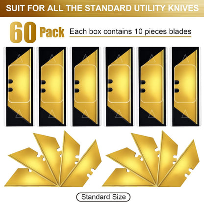 60 Pack Utility Knife Blades, Box Cutter Blades, SK2 Razor Blades with Titanium Fully Coating, Refilled Blades for Box Cutter Utility Knife, Replacement Blades with plastic dispenser box (Gold)
