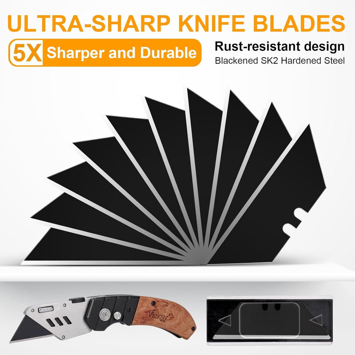60 Pack Utility Knife Blades, Box Cutter Blades, SK2 Razor Blades with Titanium Fully Coating, Refilled Blades for Box Cutter Utility Knife, Replacement Blades with plastic dispenser box (Gold)
