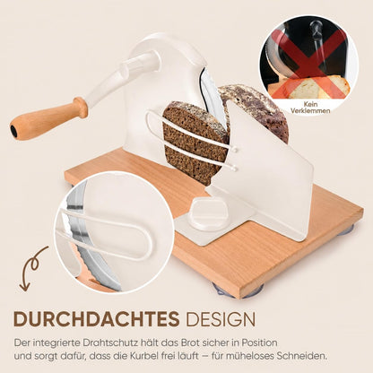 SOWKIPE Manual Bread Slicer with Hand Crank, Classic Home Bread Slicer for Homemade Sourdough, Rotary Slicer with Adjustable Thickness, Premium Stainless Steel & Powerful Suction Cups (White)