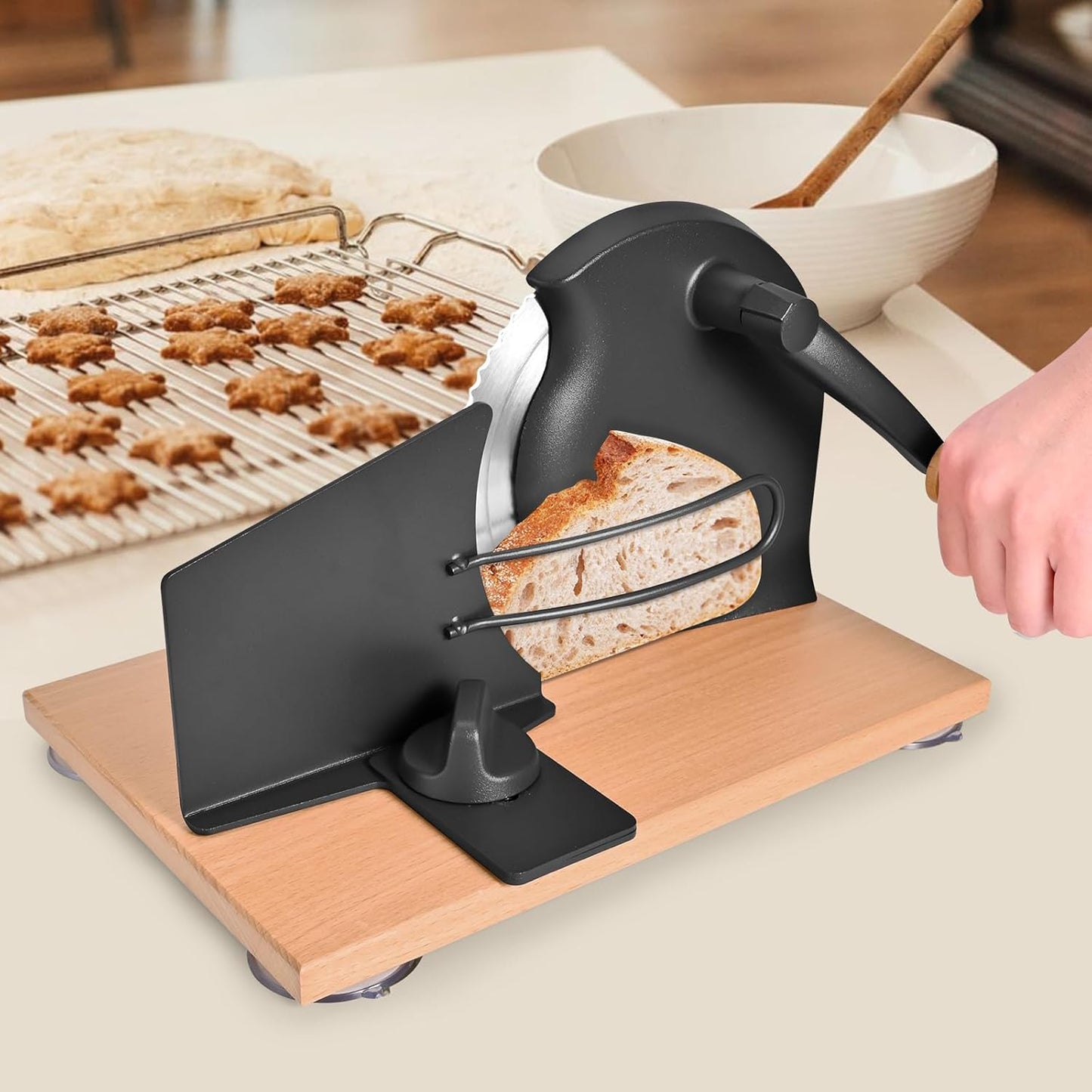 SOWKIPE Manual Bread Slicer with Hand Crank, Classic Home Bread Slicer for Homemade Sourdough, Rotary Slicer with Adjustable Thickness, Premium Stainless Steel & Powerful Suction Cups (White)