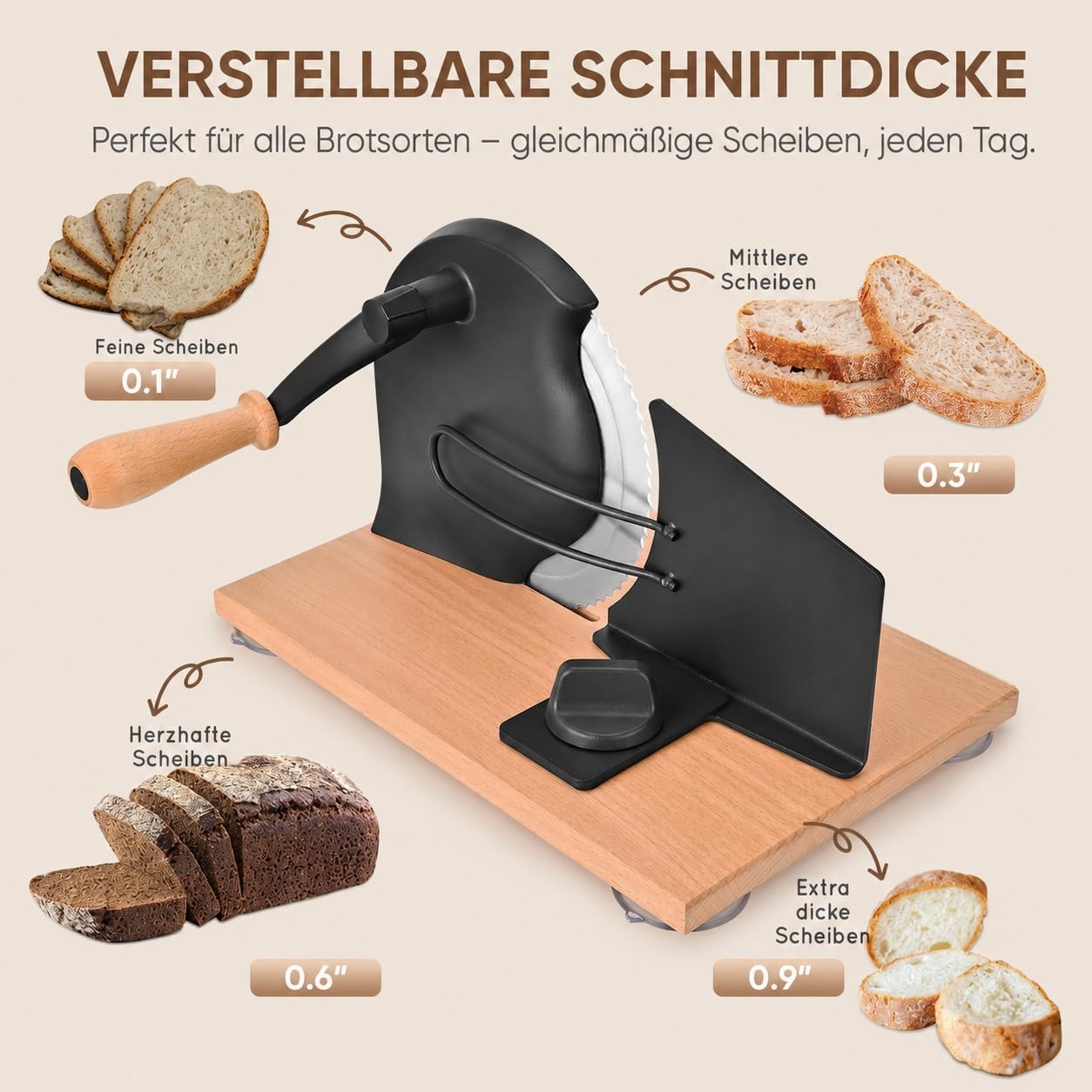 SOWKIPE Manual Bread Slicer with Hand Crank, Classic Home Bread Slicer for Homemade Sourdough, Rotary Slicer with Adjustable Thickness, Premium Stainless Steel & Powerful Suction Cups (White)