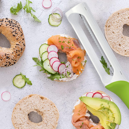 Hometown Bagel Knife, Serrated Bread Slicer, Stainless Steel | Safely Slice Bagels, Baguettes & Rolls Without Crushing, Fingers Stay Clear of the Blade, Fits in a Drawer, 5-Yr Guarantee