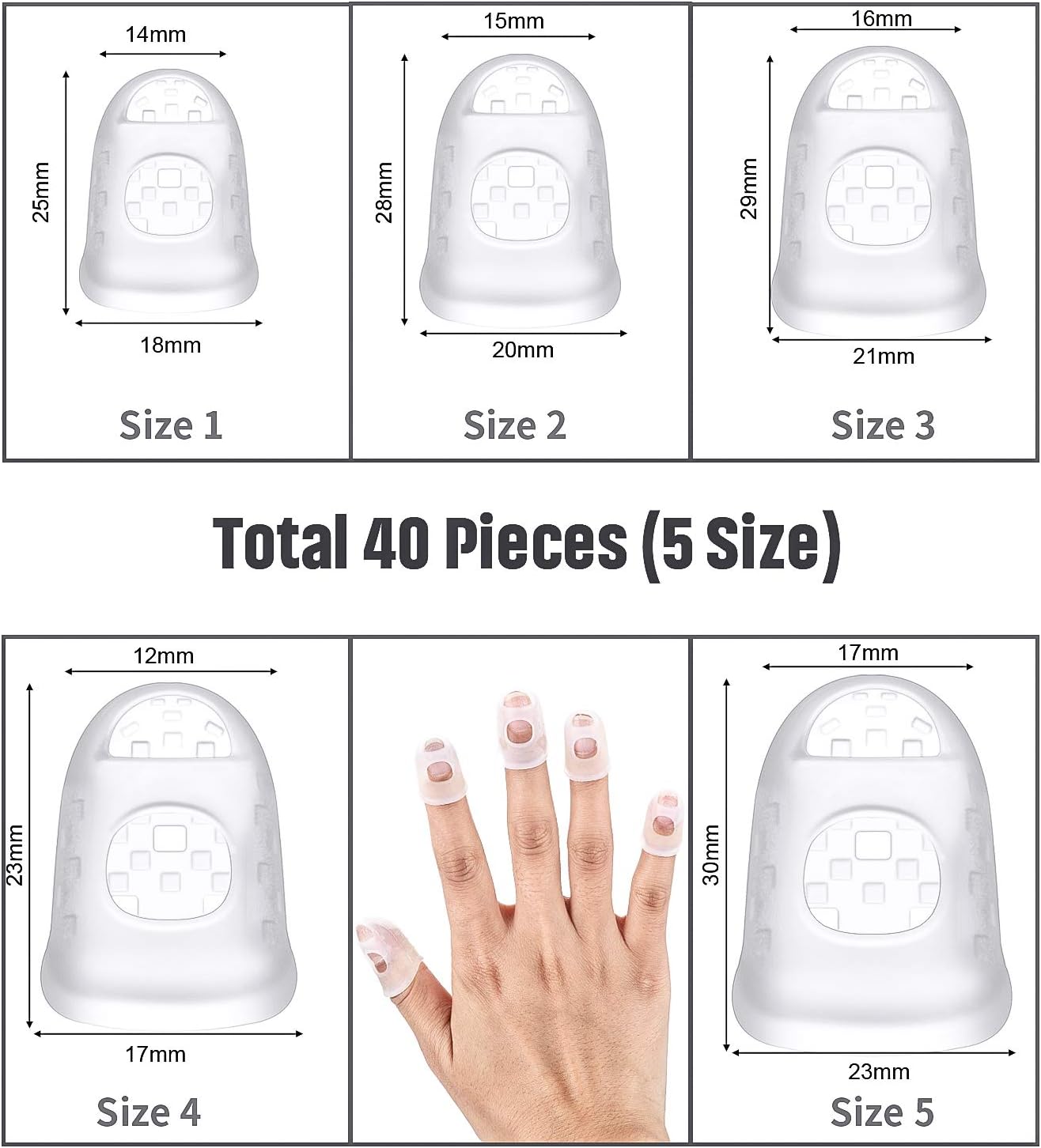 40 Pieces Guitar Fingertip Protectors Silicone Finger Guards Anti-slip Finger Protection Covers Caps for Stringed Instruments Guitar Mandolin Bass Counting Sewing, 5 Sizes