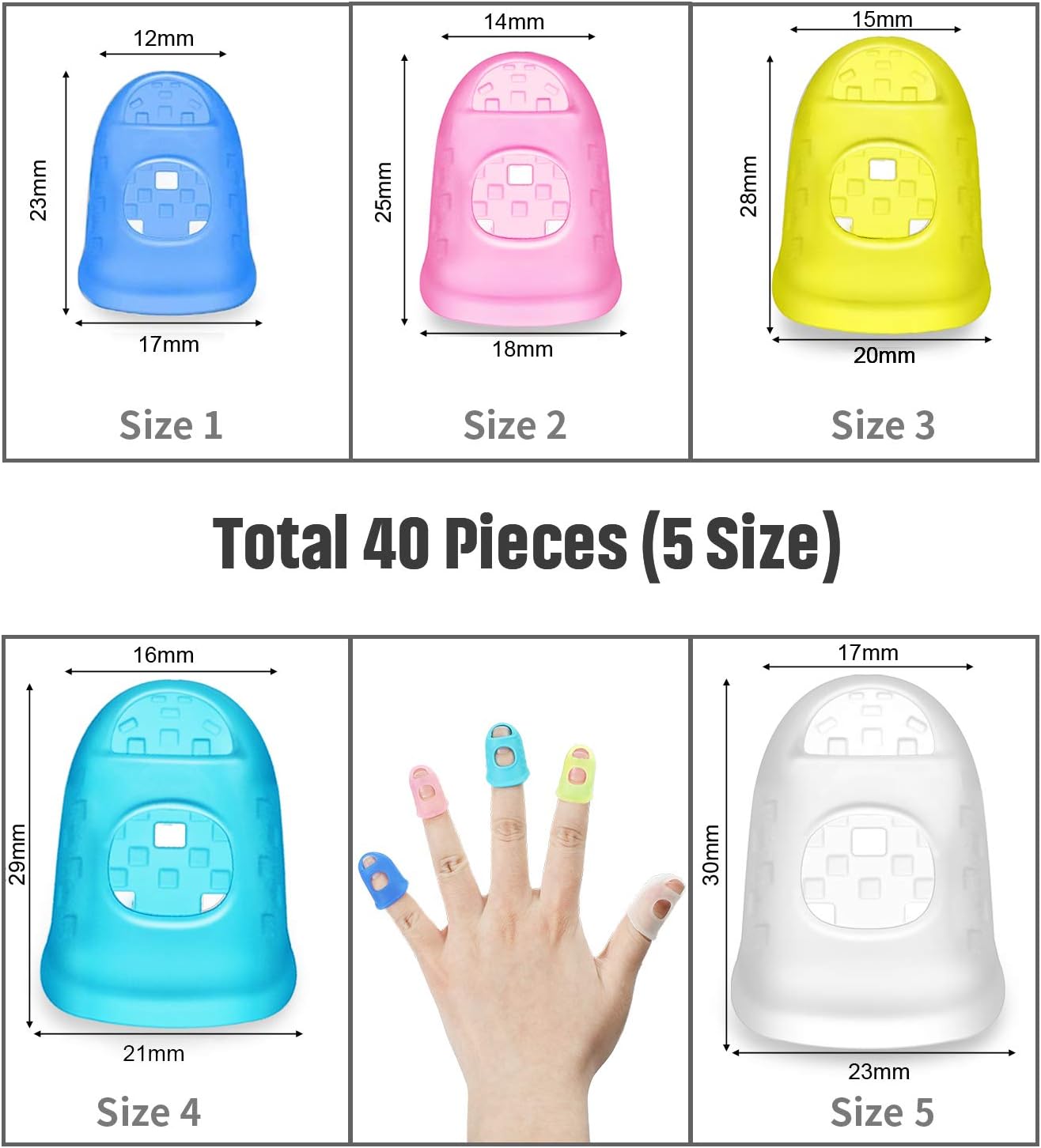 40 Pieces Guitar Fingertip Protectors Silicone Finger Guards Anti-slip Finger Protection Covers Caps for Stringed Instruments Guitar Mandolin Bass Counting Sewing, 5 Sizes