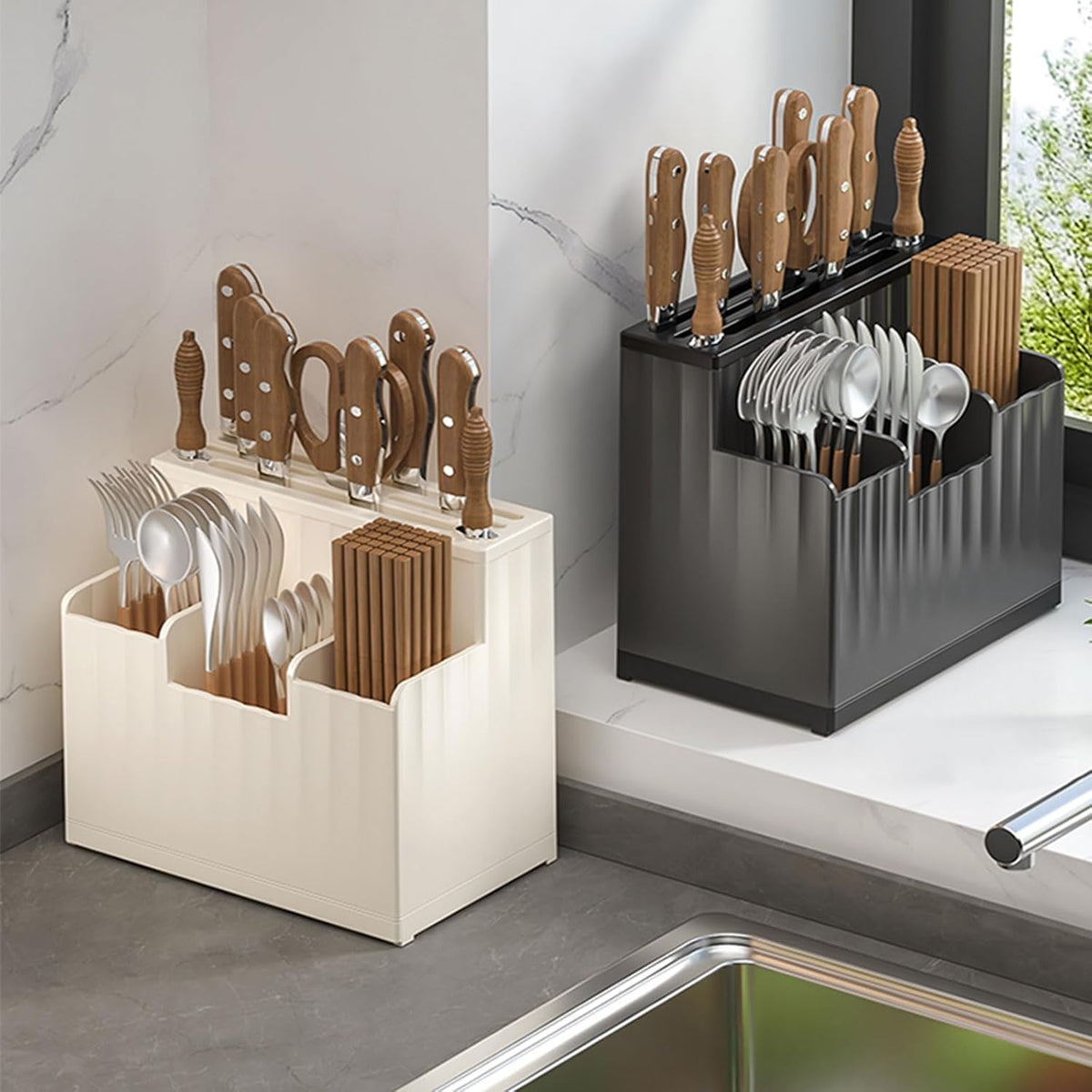 Kitchen Utensil Storage Rack,Wall-Mounted Kitchenware Organizer,Large Capacity Storage Box,Cooking Utensils Stand,PP Knives Chopstick Organizer for Kitchen,Black