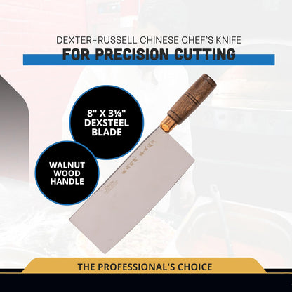 8110 Traditional Chinese Chef’s Knife, 8" x 3-1/4", High-Carbon Steel Blade, Hardwood Handle, Individually Ground Edge, Brass Ferrule, Lightweight, Made in USA