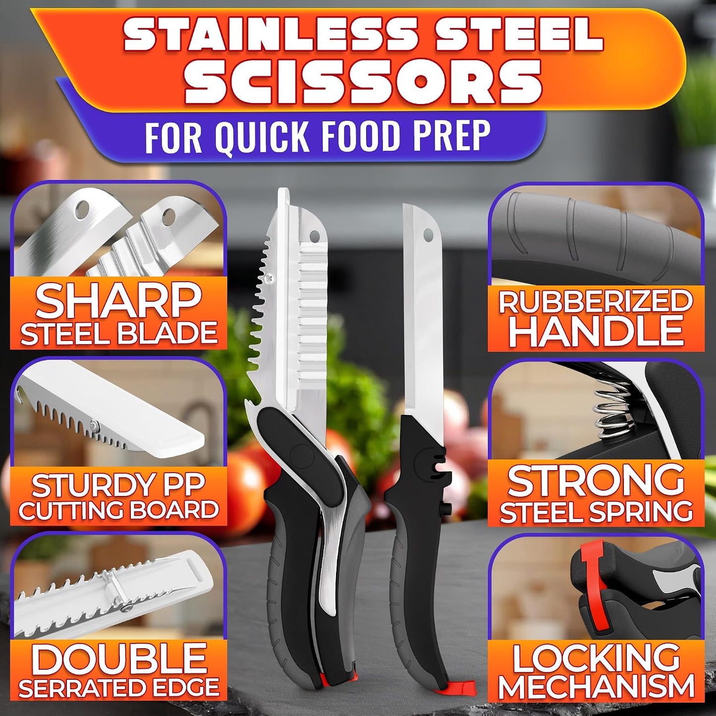 6-in-1 Cutting Board Scissors, Dishwasher Safe and Spring Assist | Meat, Fruits, Fish & Vegetable Scissors Food Cutter, Spring-Assist for Faster Prep, Safety Lock, Fish Scaler, Dishwasher-Safe