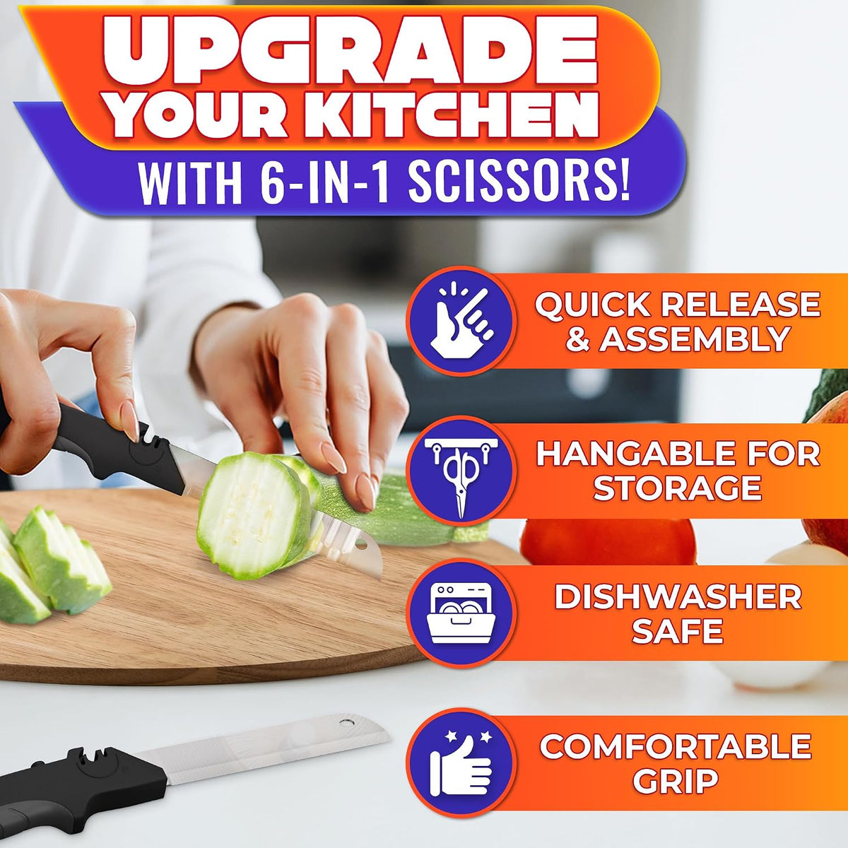 6-in-1 Cutting Board Scissors, Dishwasher Safe and Spring Assist | Meat, Fruits, Fish & Vegetable Scissors Food Cutter, Spring-Assist for Faster Prep, Safety Lock, Fish Scaler, Dishwasher-Safe
