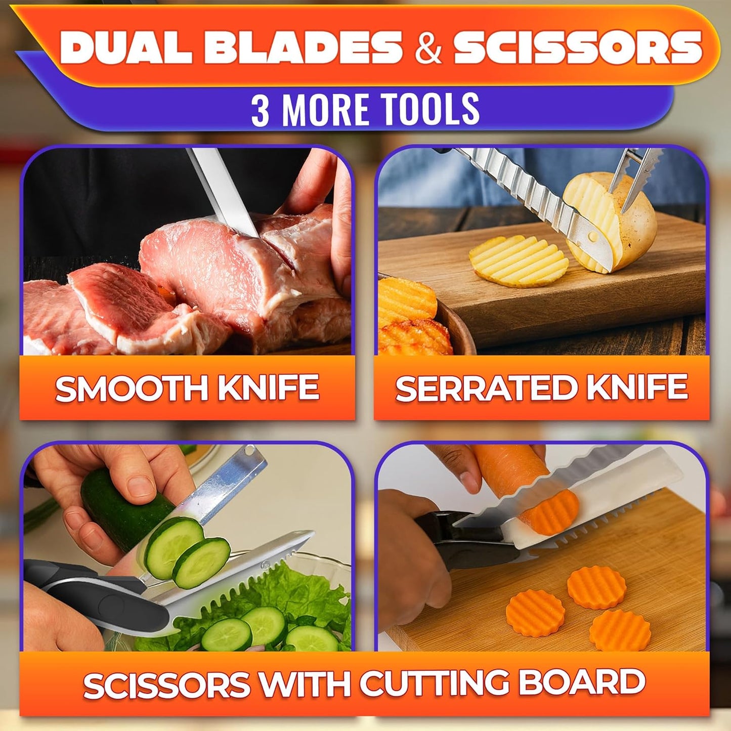 6-in-1 Cutting Board Scissors, Dishwasher Safe and Spring Assist | Meat, Fruits, Fish & Vegetable Scissors Food Cutter, Spring-Assist for Faster Prep, Safety Lock, Fish Scaler, Dishwasher-Safe