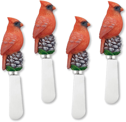 Winter Cardinal Cheese Spreaders, Hand-Painted Resin Handles with Stainless Steel Blades for Spreading Cream Cheese, Butter, Jam, or Sandwich, Set of 4