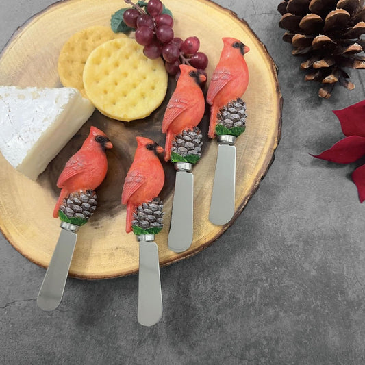 Winter Cardinal Cheese Spreaders, Hand-Painted Resin Handles with Stainless Steel Blades for Spreading Cream Cheese, Butter, Jam, or Sandwich, Set of 4