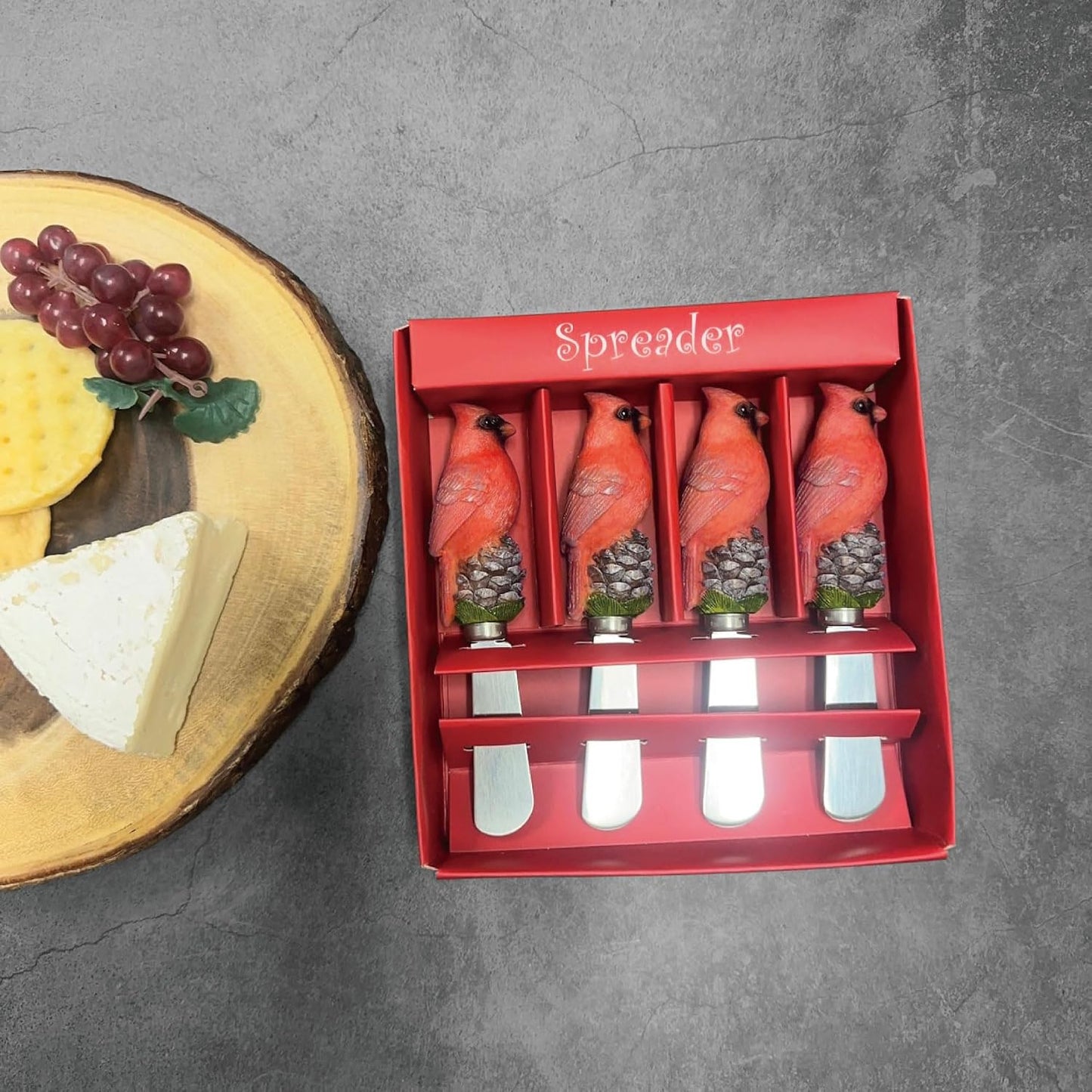Winter Cardinal Cheese Spreaders, Hand-Painted Resin Handles with Stainless Steel Blades for Spreading Cream Cheese, Butter, Jam, or Sandwich, Set of 4