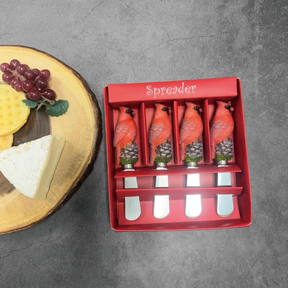 Winter Cardinal Cheese Spreaders, Hand-Painted Resin Handles with Stainless Steel Blades for Spreading Cream Cheese, Butter, Jam, or Sandwich, Set of 4