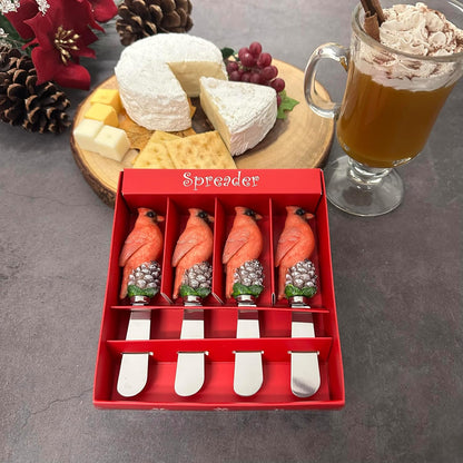 Winter Cardinal Cheese Spreaders, Hand-Painted Resin Handles with Stainless Steel Blades for Spreading Cream Cheese, Butter, Jam, or Sandwich, Set of 4