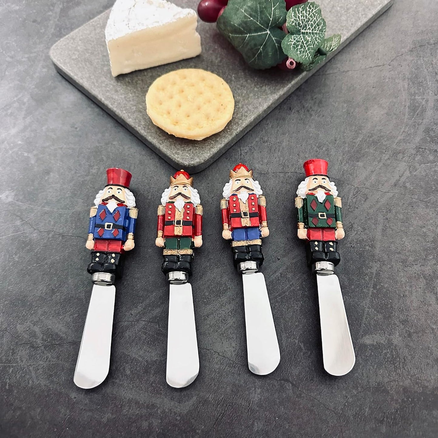 Winter Cardinal Cheese Spreaders, Hand-Painted Resin Handles with Stainless Steel Blades for Spreading Cream Cheese, Butter, Jam, or Sandwich, Set of 4