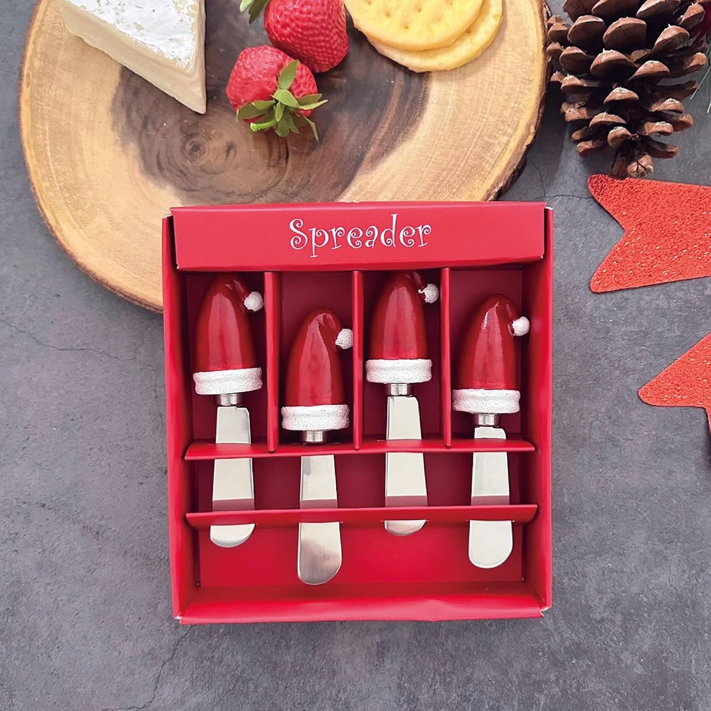 Winter Cardinal Cheese Spreaders, Hand-Painted Resin Handles with Stainless Steel Blades for Spreading Cream Cheese, Butter, Jam, or Sandwich, Set of 4