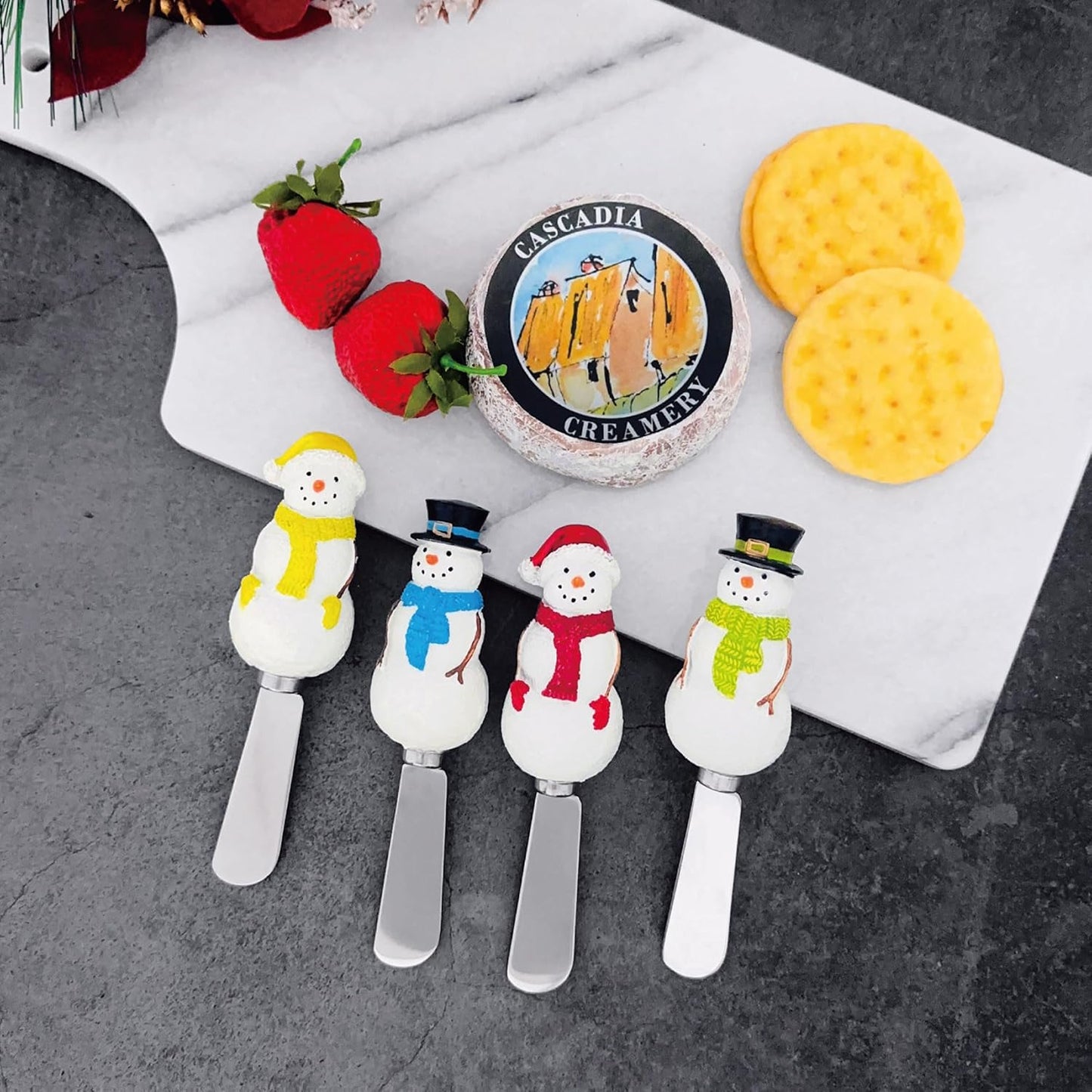 Winter Cardinal Cheese Spreaders, Hand-Painted Resin Handles with Stainless Steel Blades for Spreading Cream Cheese, Butter, Jam, or Sandwich, Set of 4