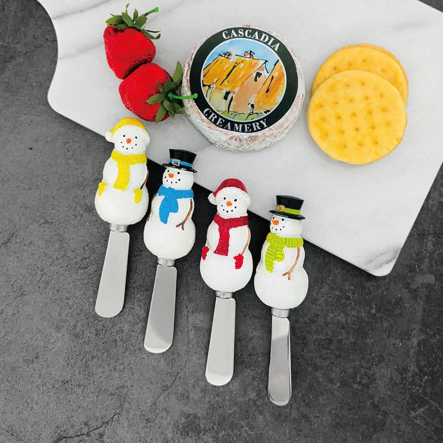 Winter Cardinal Cheese Spreaders, Hand-Painted Resin Handles with Stainless Steel Blades for Spreading Cream Cheese, Butter, Jam, or Sandwich, Set of 4