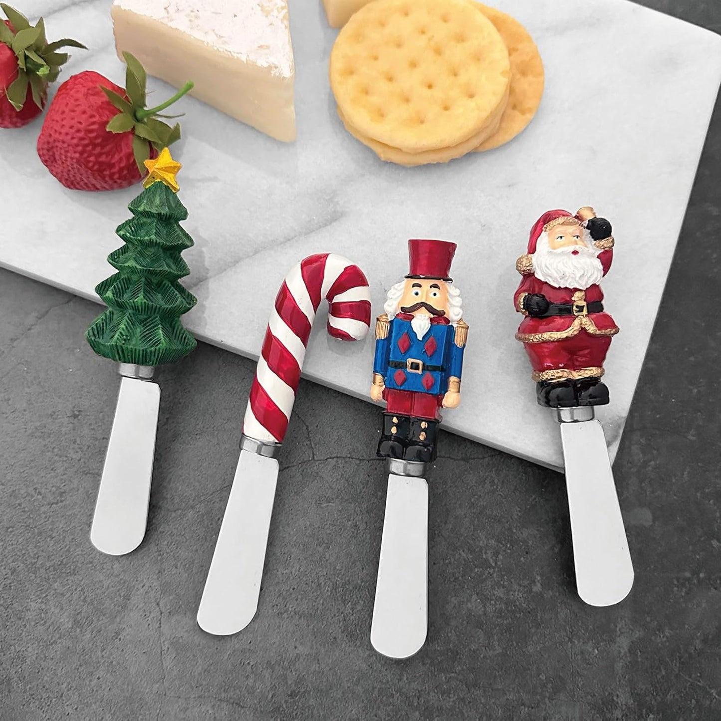 Winter Cardinal Cheese Spreaders, Hand-Painted Resin Handles with Stainless Steel Blades for Spreading Cream Cheese, Butter, Jam, or Sandwich, Set of 4