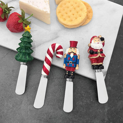 Winter Cardinal Cheese Spreaders, Hand-Painted Resin Handles with Stainless Steel Blades for Spreading Cream Cheese, Butter, Jam, or Sandwich, Set of 4