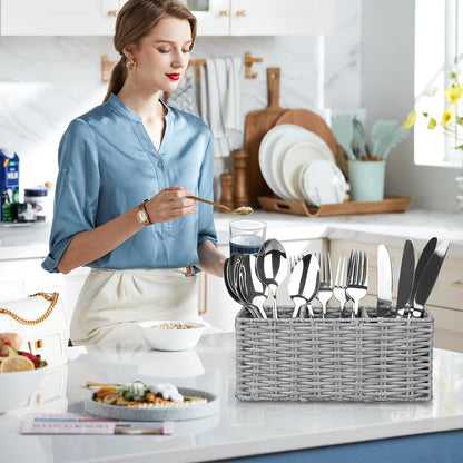Wicker Flatware Silverware Caddy Cutlery Holder Kitchen Silverware Organizer Storage for Countertop Small Utensil Holders Party Table Spoon Knives Fork Holder Flatware Utensils Caddy Basket