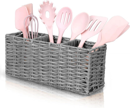 Wicker Flatware Silverware Caddy Cutlery Holder Kitchen Silverware Organizer Storage for Countertop Small Utensil Holders Party Table Spoon Knives Fork Holder Flatware Utensils Caddy Basket