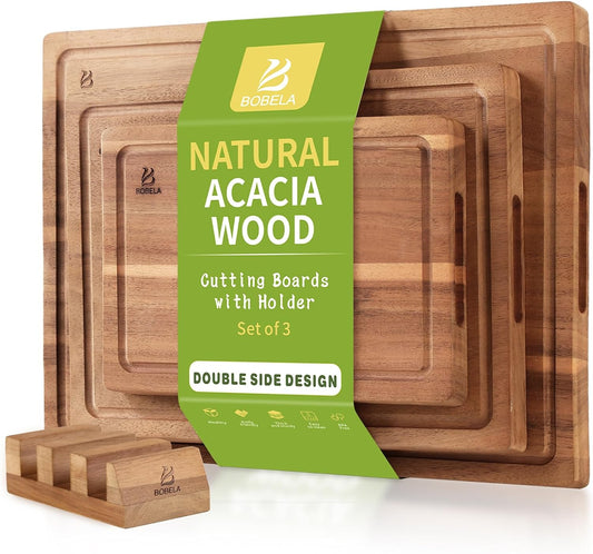 Acacia Wood Cutting Board,Double Sided Wooden Cutting Boards for Kitchen with Deep Juice Grooves,0.8 in Thick Solid Wood Cutting Board Set with Stand for Chopping,Serving Ideal Kitchen Gifts