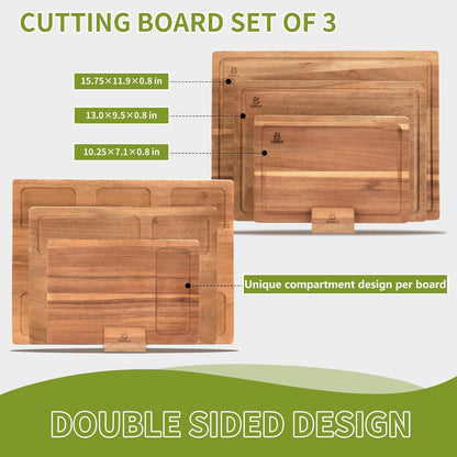 Acacia Wood Cutting Board,Double Sided Wooden Cutting Boards for Kitchen with Deep Juice Grooves,0.8 in Thick Solid Wood Cutting Board Set with Stand for Chopping,Serving Ideal Kitchen Gifts