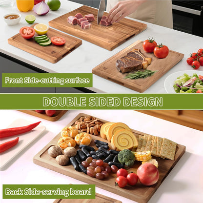 Acacia Wood Cutting Board,Double Sided Wooden Cutting Boards for Kitchen with Deep Juice Grooves,0.8 in Thick Solid Wood Cutting Board Set with Stand for Chopping,Serving Ideal Kitchen Gifts