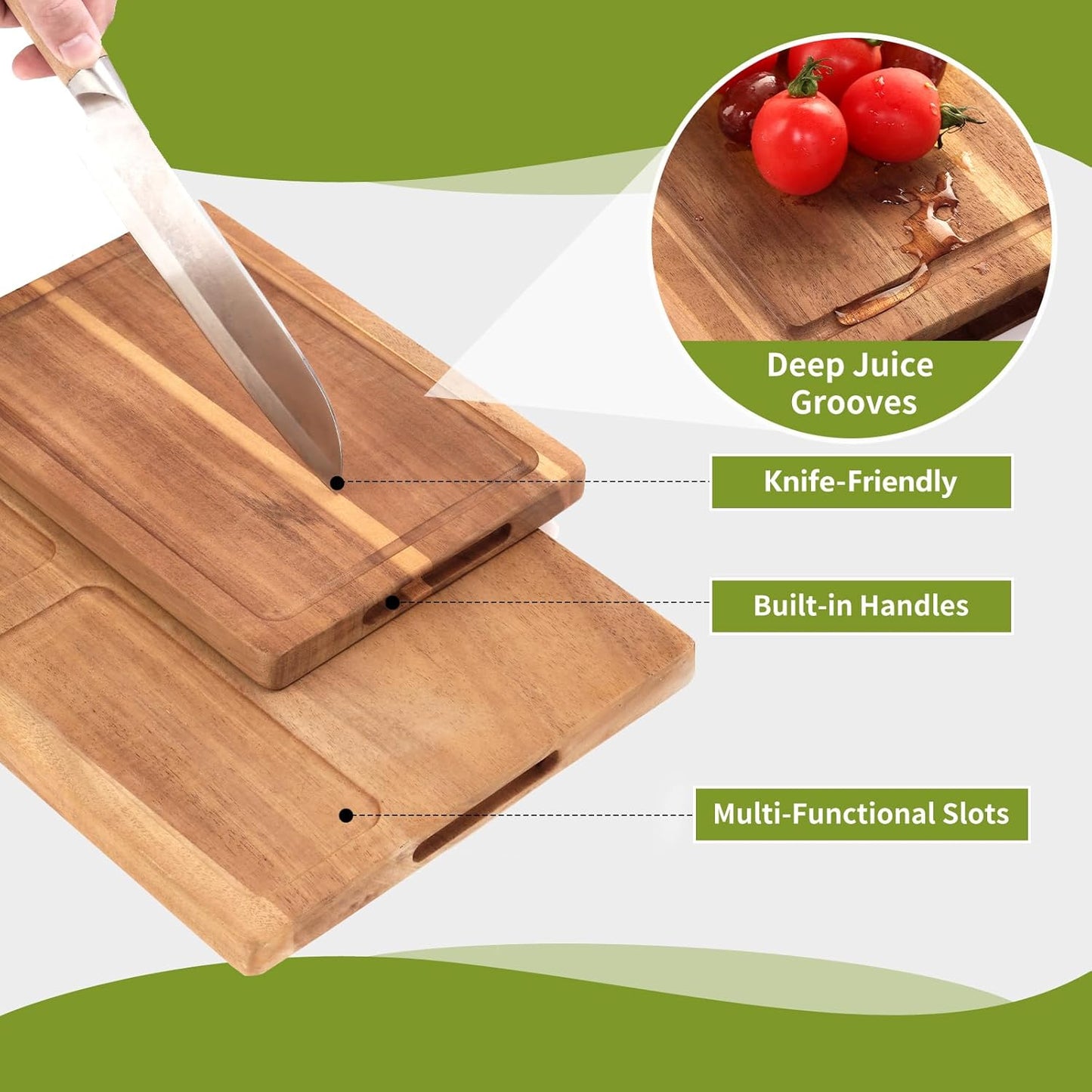 Acacia Wood Cutting Board,Double Sided Wooden Cutting Boards for Kitchen with Deep Juice Grooves,0.8 in Thick Solid Wood Cutting Board Set with Stand for Chopping,Serving Ideal Kitchen Gifts