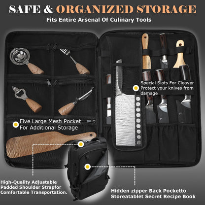 Chef Knife Backpack for Men Professional Chef Knife Bag with 30+ Pockets | Tactical Chef Storage Bag for Professional Culinary Apprentice, for Knives and Tools, 17.3inch Laptop