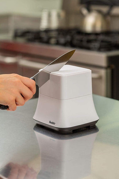 Smith’s 50927 Mesa Single Slot Electric Knife Sharpener – White – Abrasive Sharpening Wheel + Blade Guides - Kitchen Gadgets – Quick Blade Sharpening – Compact Design – Straight Edge Blades