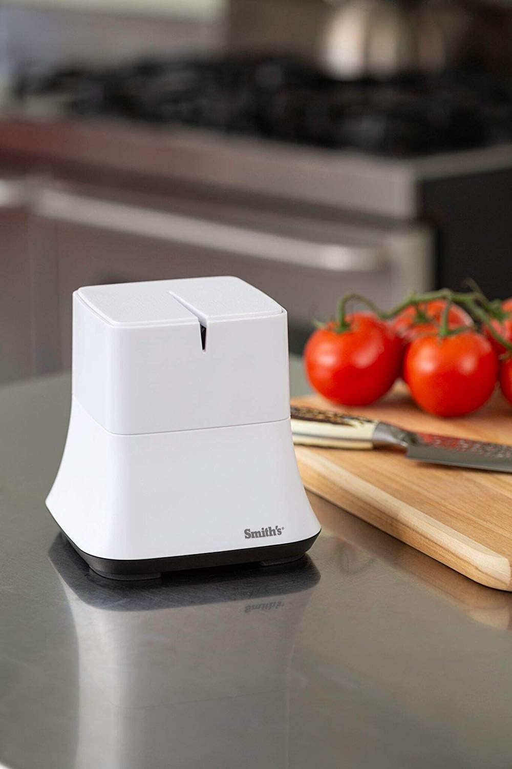 Smith’s 50927 Mesa Single Slot Electric Knife Sharpener – White – Abrasive Sharpening Wheel + Blade Guides - Kitchen Gadgets – Quick Blade Sharpening – Compact Design – Straight Edge Blades