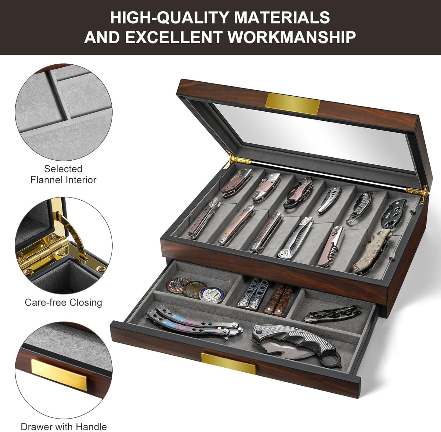 Ikkle Walnut Two-Tier Knife Display Case with Drawer and Real Glass Window Top for Knife Storage and Collections