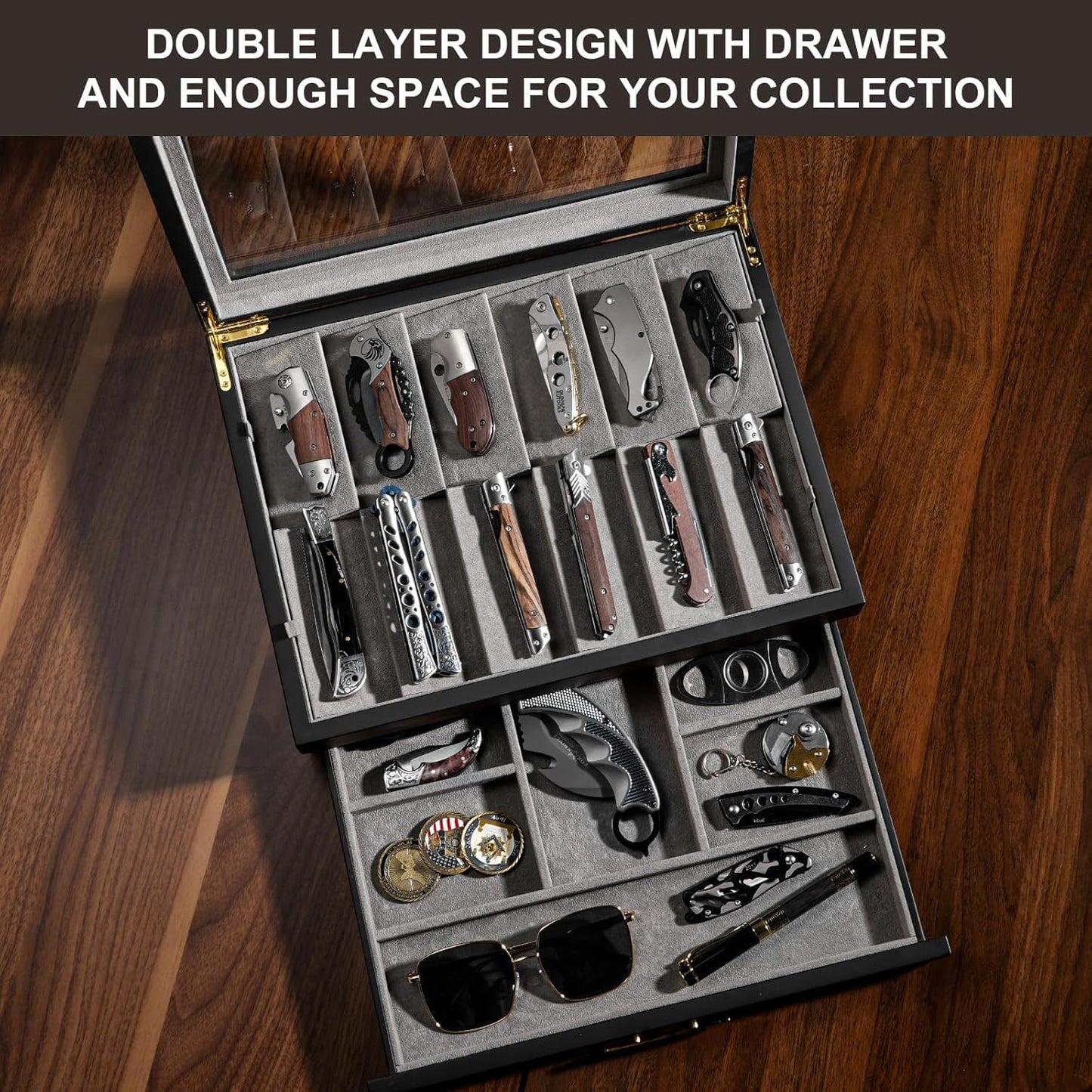 Ikkle Walnut Two-Tier Knife Display Case with Drawer and Real Glass Window Top for Knife Storage and Collections