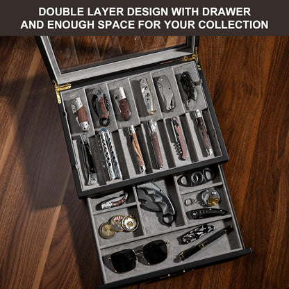Ikkle Walnut Two-Tier Knife Display Case with Drawer and Real Glass Window Top for Knife Storage and Collections