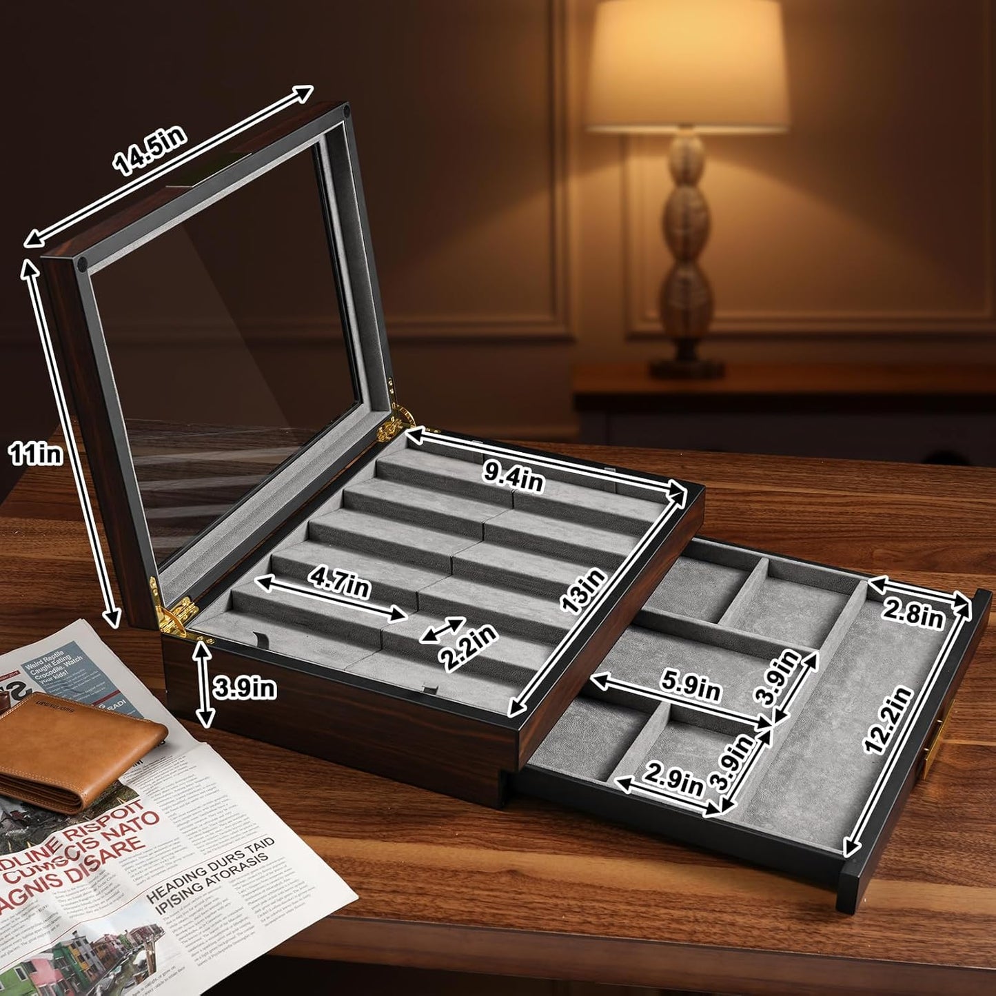 Ikkle Walnut Two-Tier Knife Display Case with Drawer and Real Glass Window Top for Knife Storage and Collections