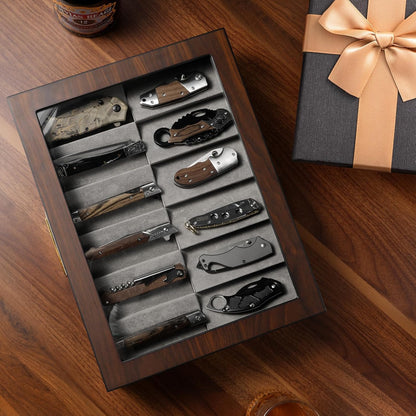 Ikkle Walnut Two-Tier Knife Display Case with Drawer and Real Glass Window Top for Knife Storage and Collections