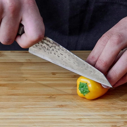 Bunka Petty Utility Kitchen Knife | 5.5-inch Blade | Ultra Sharp 440C Japanese Stainless Steel | Hand Hammered Tsuchime Finish | Ebony Wood Handle | Full Hidden Tang
