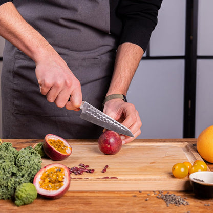 Bunka Petty Utility Kitchen Knife | 5.5-inch Blade | Ultra Sharp 440C Japanese Stainless Steel | Hand Hammered Tsuchime Finish | Ebony Wood Handle | Full Hidden Tang