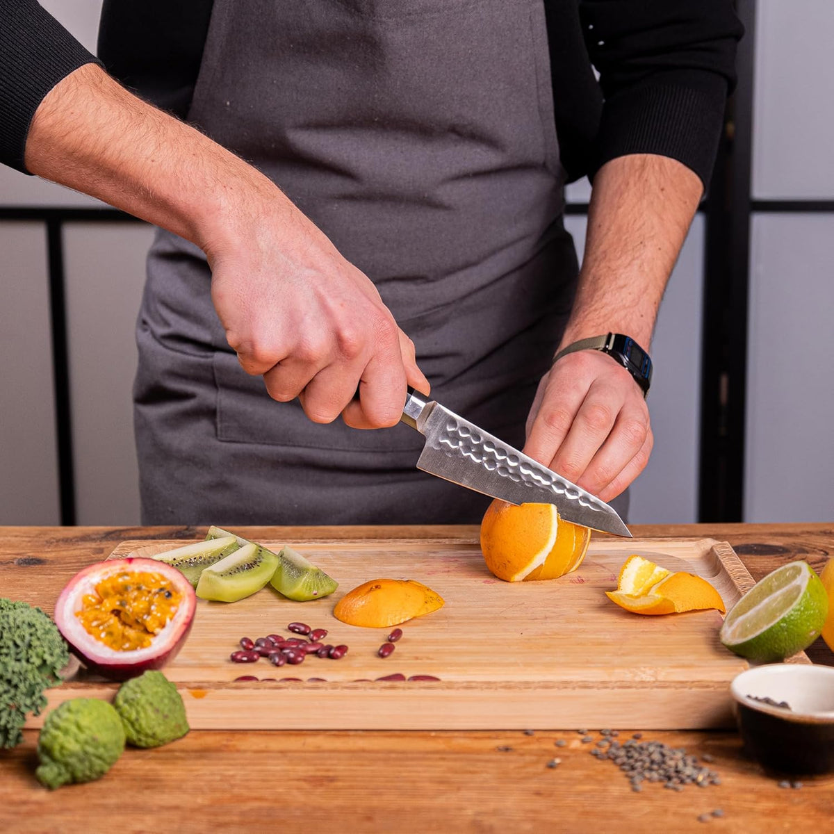 Bunka Petty Utility Kitchen Knife | 5.5-inch Blade | Ultra Sharp 440C Japanese Stainless Steel | Hand Hammered Tsuchime Finish | Ebony Wood Handle | Full Hidden Tang