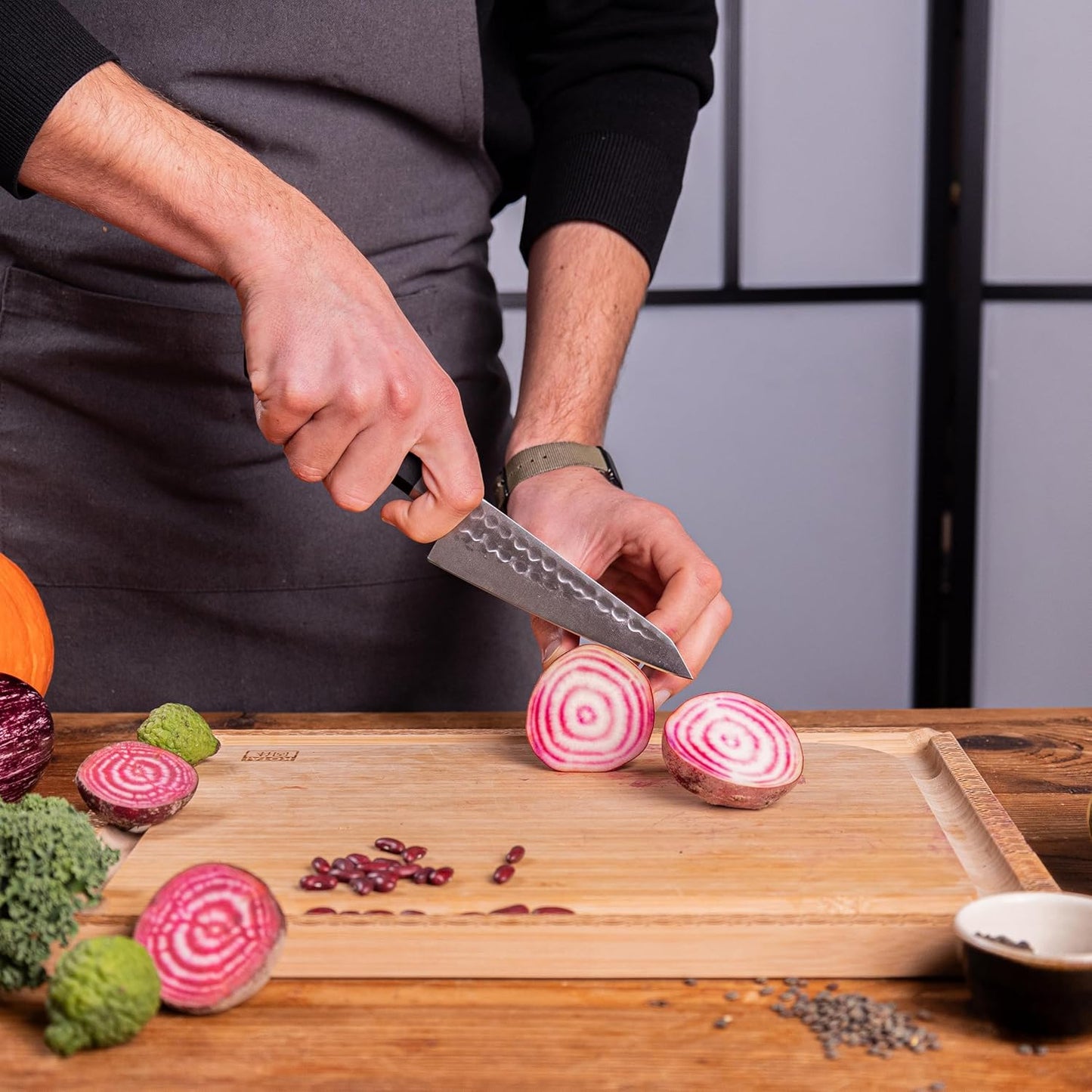 Bunka Petty Utility Kitchen Knife | 5.5-inch Blade | Ultra Sharp 440C Japanese Stainless Steel | Hand Hammered Tsuchime Finish | Ebony Wood Handle | Full Hidden Tang