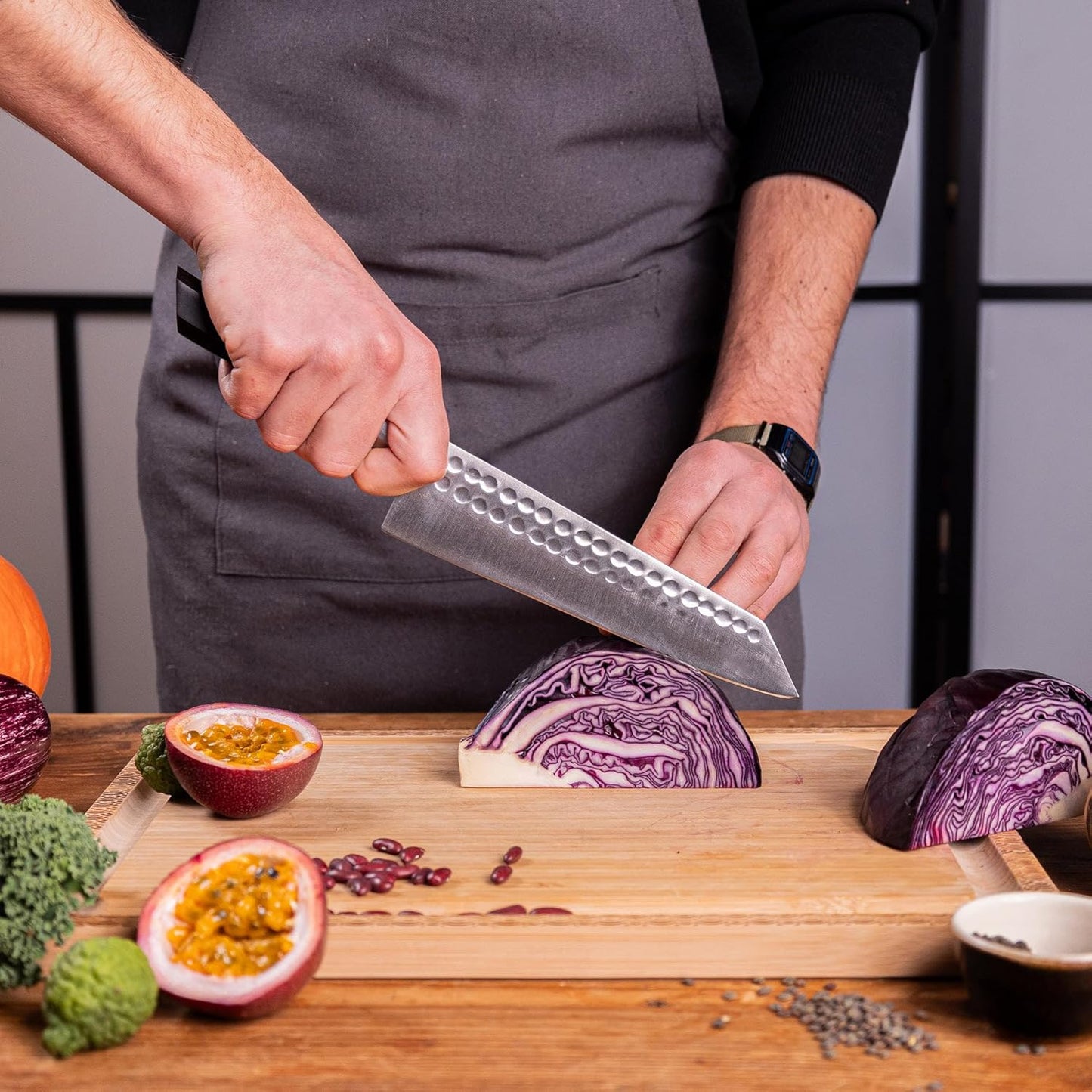 Bunka Petty Utility Kitchen Knife | 5.5-inch Blade | Ultra Sharp 440C Japanese Stainless Steel | Hand Hammered Tsuchime Finish | Ebony Wood Handle | Full Hidden Tang