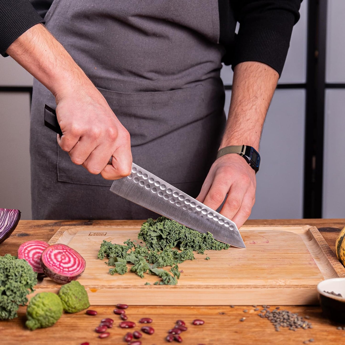 Bunka Petty Utility Kitchen Knife | 5.5-inch Blade | Ultra Sharp 440C Japanese Stainless Steel | Hand Hammered Tsuchime Finish | Ebony Wood Handle | Full Hidden Tang