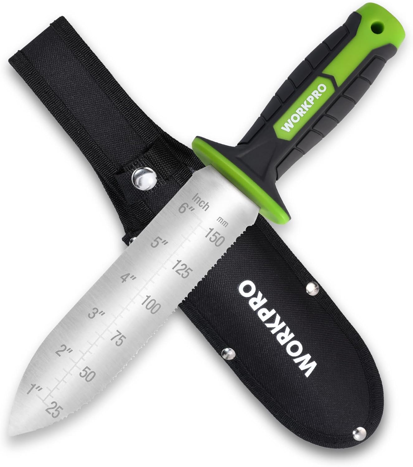 Hori Hori Garden Knife, 7" Stainless Steel Blade with Cutting Edge, Garden Tools with Oxford Sheath, Ergonomic TRP Handle with Hanging Hole for Weeding, Planting, Digging, Green